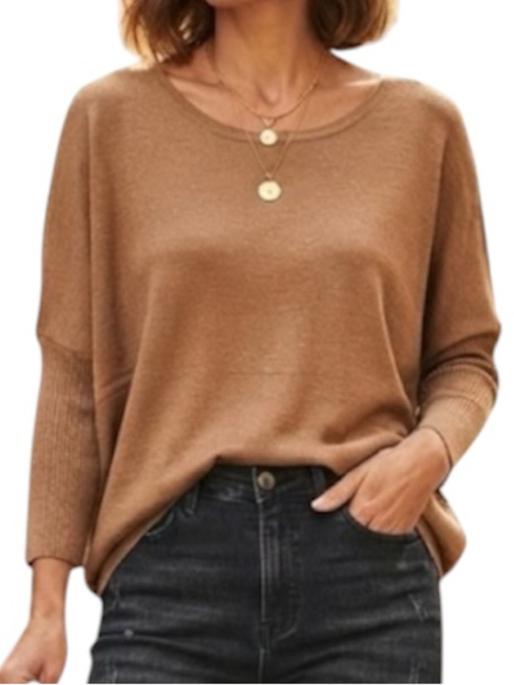 SAINT TROPEZ Tan Mila R-Neck Dolman Pullover Sweater Quiet Luxury Minimalist XL